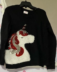 Justice Christmas Sweater Black with White and Sequin Unicorn Size 14/16 - Picture 1 of 7