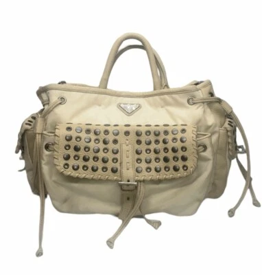 Prada Handbag Authentic Leather & Nylon Beige Studded Buttons Made In Italy - Image 1 of 4