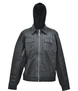 Chaqueta con Capucha de Cuero para Hombres Moda Capucha Extraíble Suave Invierno Chaqueta de Cuero Real - Imagen 1 de 2