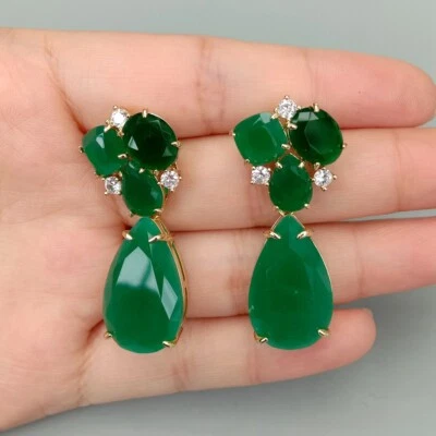 Moda Mujeres Joyería Verde Ágata Lágrima Gota Pendientes Largos Foto 1 de 4
