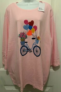 NWT Kim Rogers Fun Pink Tee/Top Bicycle Flowers Balloons 3/4 Sleeves Sz. 3X - Picture 1 of 3