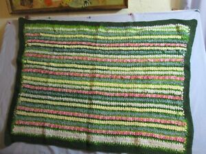 Hand Made USA Green Pink Yellow Stripes Lap Baby Crochet Small  Blanket 34 x 50