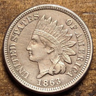1863 Indian Head Cent Penny AU Civil War Date Doubling on Wreath