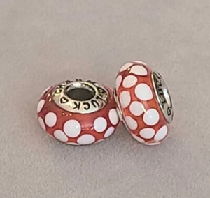 Murano Glass White Polka Dot Red Charm Beads Set Of 2 NWOT. - Picture 1 of 2
