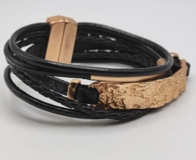 Boho Saachi Designer Black PU Leather Stacked Cord Copper Tone Bar Bracelet 7" Foto 1 de 4