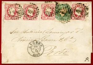 Portugal 1865, King Luiz 25r Rose x4+ 50r Yellow Green on Cover, Lisboa to Porto - Picture 1 of 2