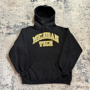 Felpa pullover vintage Michigan Tech con cappuccio uomo grande nera anni 80 90 USA - Foto 1 di 9