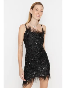 TRENDYOL Womens Black Adjustable Asymmetrical Hem Feather Trim Short Dress 42 - Picture 1 of 9