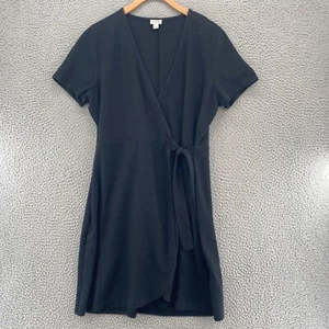 J Crew Dress Womens Large Black Textured Short Sleeve Wrap Mini Stretch Casual - Picture 1 of 11
