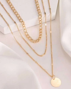 3pcs Trendy Multi-Layer Flat Square Chain Link Round Shiny Gold Necklace - Picture 1 of 2