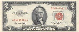 USA   $2  Series of 1953 A  Block   A   Red Seal  Circulated Banknote Z13 - Picture 1 of 2