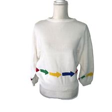 Chaus Vintage Womens Sweater White Size Medium Pure Cotton Primary Colors Arrow