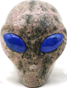 XL Charming RHODONITE Crystal ALIEN HEAD w/ Gemstone LAPIS LAZULI Eyes Sculpture - Picture 1 of 6