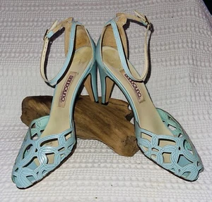 Vintage BANDOLINO Baby Blue Leather Lattice Heels Pumps Dirty Dancing Shoes - Picture 1 of 10