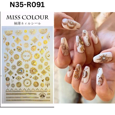 Calcomanías 3D para arte en uñas calcomanías doradas con diseño de sol y luna boho Foto 1 de 4