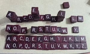 Vintage Set 99 Pieces BURGUNDY Maroon WOODEN SCRABBLE TILES w/ WHITE Letters - Picture 1 of 5