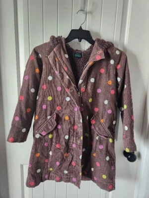 ¡En muy buen estado! Abrigo de pana Mini Boden marrón con capucha lunares ~ talla 11-12 ~ forrado sherpa Foto 1 de 3
