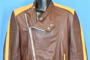 vintage 80s ROCKY BROWN YELLOW MOTORCYCLE RACER MOTO LEATHER JACKET MEN'S 44 - Picture 1 of 7
