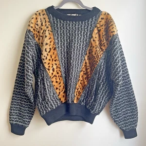 Suéter Trutus Biancarra Vintage Años 80 Imitación Cuero Gris Negro Leopardo Corea XL L - Imagen 1 de 5