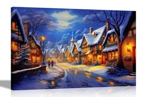 Snowy Christmas Town Canvas Art Prints Oil Painting Reproduction Wall Pictures - Picture 1 of 10