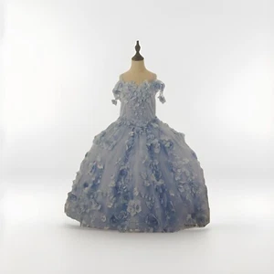 Blue Off The Shoulder Ball Gown For Girls With 3D Flowers - Picture 1 of 3