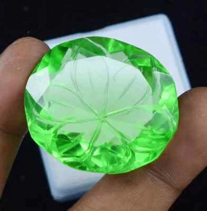 Oval Shape 104 Ct Carved Certified Brazilian Green Topaz Gemstone 35x30x16 mm - Picture 1 of 4