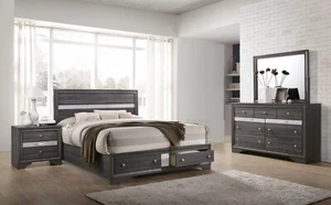 Contemporary Gray King Size 5Pc Storage Footboard Drawers Bed Set Furniture - Picture 1 of 7