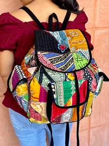 Multi Color Kantha Fabric Girl's Backpack School College Office Shoulder Bag - Picture 1 of 9