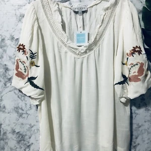 Hayden Los Angeles Blouse Womens Size Large Boho Embroidery Tan Tunic Top - Picture 1 of 14