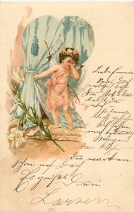 Cupid Looks Behind the Curtains & Blushes E.A.W. 1200 V UDB Postcard c1902 - Picture 1 of 2