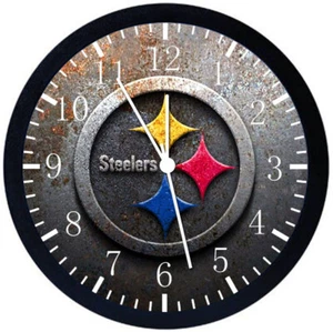 Steelers Wall Clock Large 12" Black Frame Glass Face Non-Ticking X45 - Picture 1 of 1