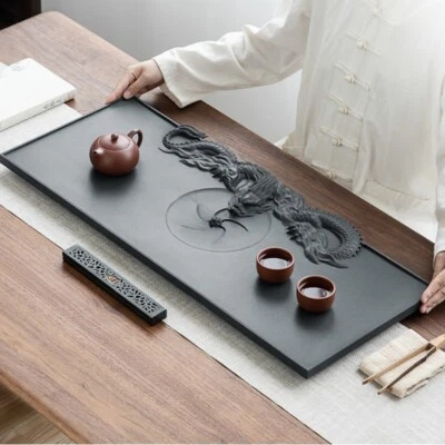 Black Stone Tea Tray Hand Carved Engraved Dragon Serving Tray Water Draining New - Image 1 of 4