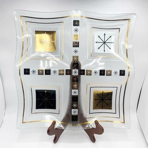 Inland Glass 1950s Atomic Starburst Divided Snack Tray Gold Black White Vtg MCM - Picture 1 of 3
