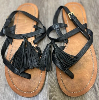 Kate Spade Clorinda Flat Pebbled Black Leather Tassel Thong Sandals Size 9M - Image 1 of 4