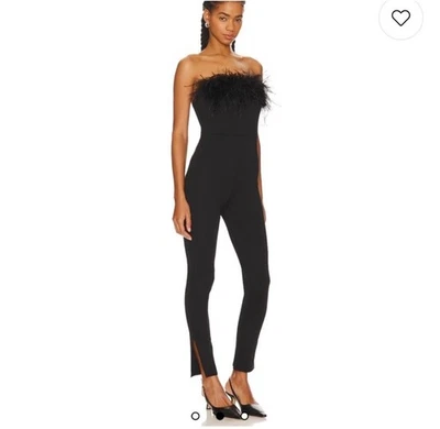 Mono negro Alice + Olivia Idell sin tirantes con ribete de plumas y cremallera para mujer talla 6” Foto 1 de 4