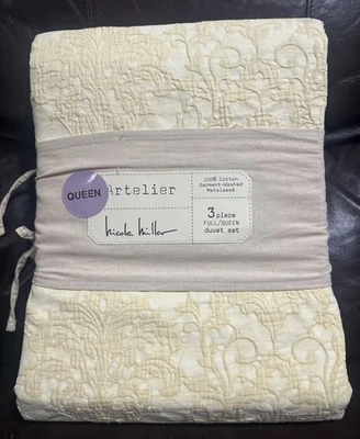 Juego de funda nórdica/falsa Nicole Miller COMPLETO/QUEEN 3 piezas algodón matelasse ~ marfil/crema Foto 1 de 4