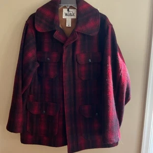 Vintage Woolrich Chore Coat Red Black Plaid Mackinaw Hunting Size 44  - Picture 1 of 11