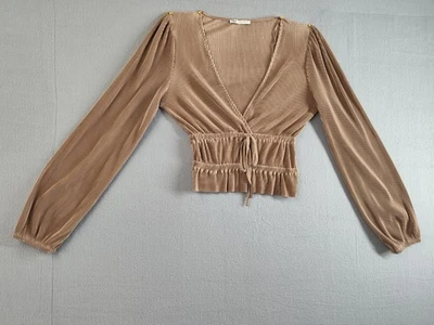 ZARA 女式衬衫上衣 S 青铜金色打褶褶皱 V 领袖口轻便 — 第 1/4 张图片