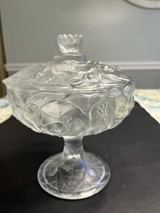 Fenton Water Lily Crystal Compote Lidded Candy Dish Satin Frosted Glass - Picture 1 of 15