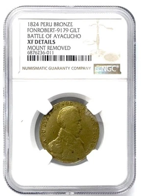 1824 PERU BRONZE FONROBERT-9179 GILT ANTIQUE MEDAL BATTLE OF AYACUCHO XF DETAILs - Image 1 of 4