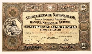 Banknote 5 Franken 28.03.1952 Schweiz / Banknötli / Fünffrankennote - Bild 1 von 2