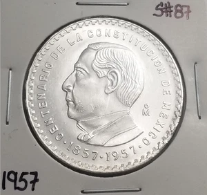 Mexico Cinco Pesos 1957 Benito Juarez Centennial Of Constitution .720 Coin Silve - Picture 1 of 4