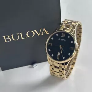 Bulova Diamond Black Dial+Gold Bracelet Classic Men's Quartz Watch 97D108 40mm - Picture 1 of 13