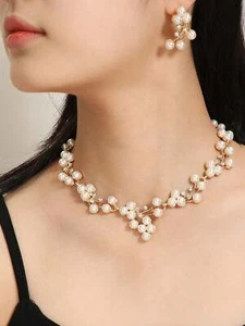 Artificial Faux Pearl Synthetic Resin Faux Pearl Necklace & Earrings Jewelry Set - Picture 1 of 5