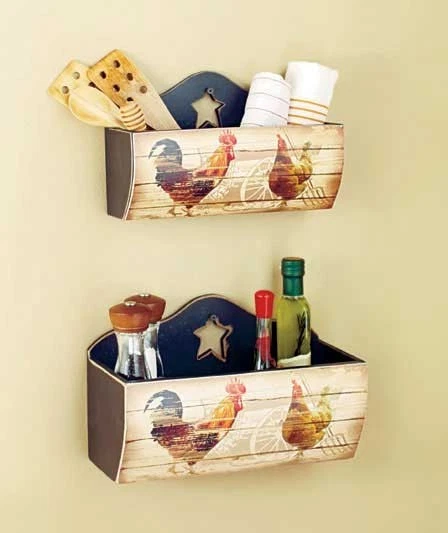 Set Of 2 French Country Rooster Wooden Baskets Antique Look Rustic Wall Racks  - Image 1 of 1
