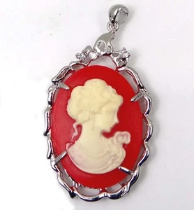 Victorian Style Lady Queen Cameo Pendant Silver Plated Resin - Red - Picture 1 of 2