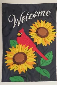 "Willkommen" roter Kardinal & 2 Sonnenblumen auf Marine Applikation Deko Garten Flagge - Bild 1 von 3