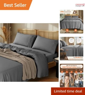 Juego de sábanas de algodón tamaño king 1000 hilos 4 piezas ropa de cama de bolsillo profundo Dar... Foto 1 de 4