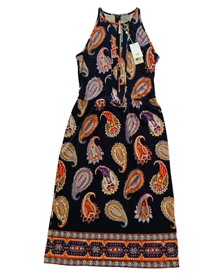 Novo com etiquetas Vestido Paisley Midi Tory Burch Libby Jersey de Seda Buraco da Fechadura Recortado XS 00 0 Azul Marinho - Imagem 1 de 4