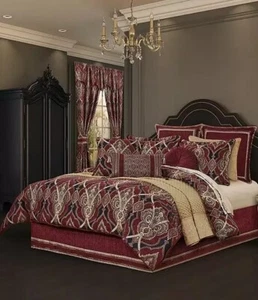 Juego de edredón J Queen New York Sovana 4 piezas Queen $399 rojo azul marino y dorado nuevo con etiquetas - Imagen 1 de 6